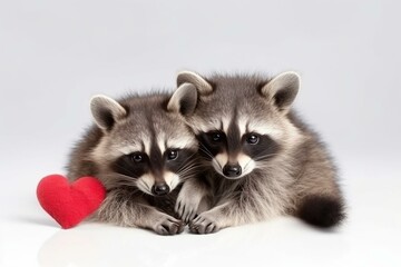 Sweet baby raccoon duo snuggling with red heart for Valentine's Day against white backdrop. Generative AI - obrazy, fototapety, plakaty