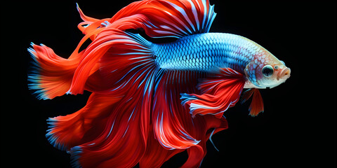 Betta fish. Colourful fighting Siamese fish with beautiful silk tail isolated on black. Amazing...