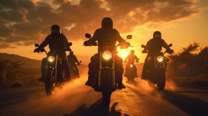 motorcyclists on a road, in the middle of a sunset generative ai