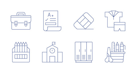 School icons. Editable stroke. Containing briefcase, color pencil, grade, kindergarten, rubber, school locker, stationery, uniform.