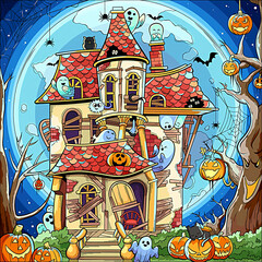 Halloween card,l with castle, pumpkin and but at night