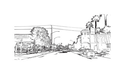 Building view with landmark of San Rafael is the city in California. Hand drawn sketch illustration in vector.