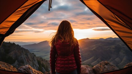 woman camping in the mountains generative ai
