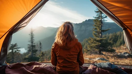 Foto op Plexiglas woman camping in the mountains generative ai © Francheska