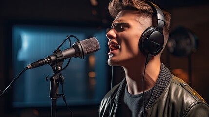 Skillful male singer with eyes closed in casual clothes with headphones and music recorded on laptop in modern lighting studio with professional microphone. - obrazy, fototapety, plakaty