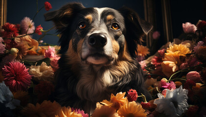 Cute puppy sitting, looking at camera, surrounded by flowers generated by AI