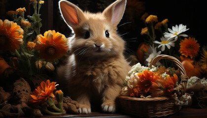 Fluffy baby rabbit sitting in grass with yellow daisy generated by AI