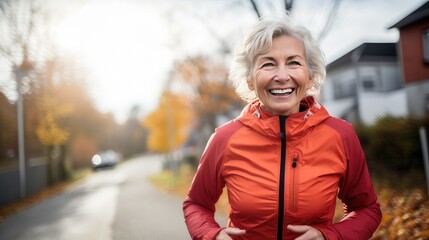 Beautiful older white woman with big smile working out engaged in physical activity. generative AI - obrazy, fototapety, plakaty