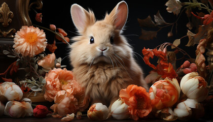 Fluffy baby rabbit sitting on wood, surrounded by flowers generated by AI