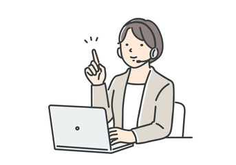 コールセンターのオペレーターの女性/指差しポーズ
