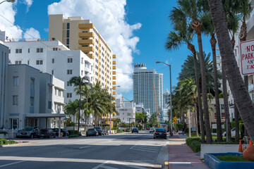 Miami Beach, Florida, USA - Condominiums and hotels lining Collins Avenue in Mid-Beach.