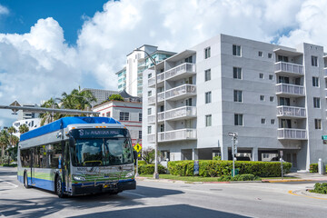 Miami Beach, Florida, USA - A bus driving along Collins Avenue on route to Aventura.