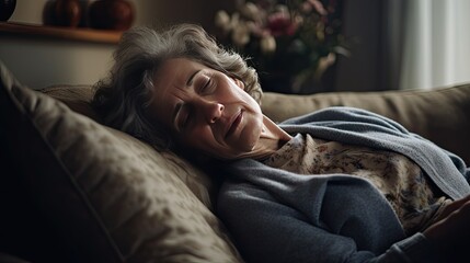 Depressed elderly woman lying on the sofa Depression, ADHD, mental health problems