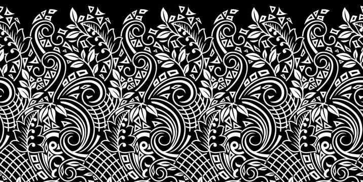 Seamless black and white tribal floral border design