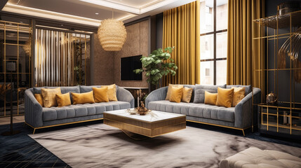 Luxury living room interior, rich modern luxury apartment design with golden elements