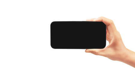 Hand holding smartphone device and touching screen