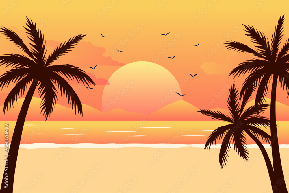 Wall mural gradient summer background with sunset and palm trees landscape