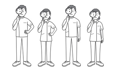 虫眼鏡を持つ看護師男女