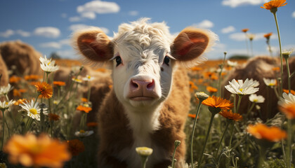 Obraz premium Cute cow grazing in green meadow, looking at camera generated by AI