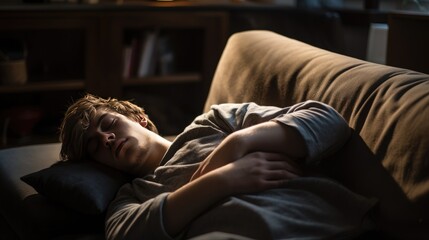 Fototapeta premium Depressed young man sleeping on the sofa Depression mental health problems, abnormal thinking