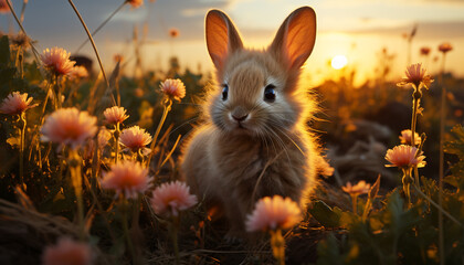 Fluffy baby rabbit sits in meadow, enjoying springtime generated by AI