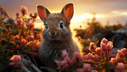 Fluffy baby rabbit sitting in grass, enjoying nature beauty generated by AI