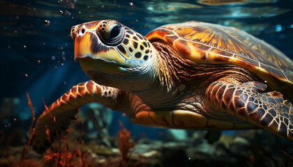 Naklejka na ściany i meble Turtle swimming in blue sea, nature beauty captured generated by AI