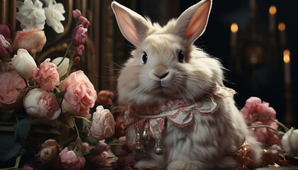 Fototapeta na wymiar A cute, fluffy baby rabbit sitting outdoors, looking elegant generated by AI
