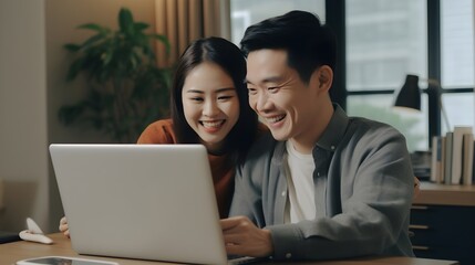 Connected Hearts: Asian Couple's Joyful Virtual Moment