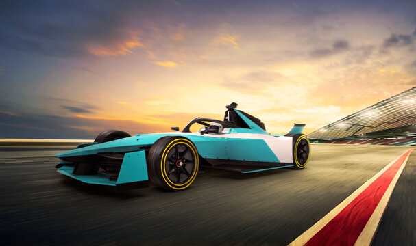 Racer on a racing car on track during sunset. Motion blur background. 3D rendering
