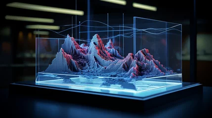 Foto op Plexiglas Holographic topography map displays land surfaces realistically, depicting mountains, valleys, and terrain contours in vivid, tangible detail. © hmzphotostory