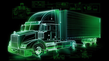 A holographic truck diagram displays a 3D image, revealing truck components like wheels, cargo bed, cabin, providing a lifelike visual.