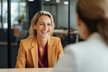 Two women engaged in conversation at a table - obrazy, fototapety, plakaty