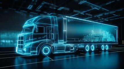 A holographic truck diagram displays a 3D image, revealing truck components like wheels, cargo bed, cabin, providing a lifelike visual.