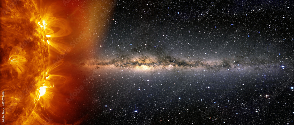 Poster our star with magnetic storms. plasma flash on the surface of a our star with milky way galaxy 