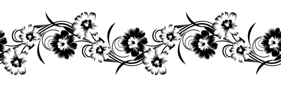 Black and white seamless stroke flower border design