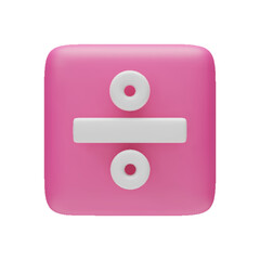 Division sign on pink square button, 3d mathematical symbol. Arithmetic education sign for web, app, infographic. Math operations design element realistic vector illustration isolated