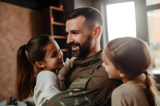  happy masculine military man smiling and hugging his family indoors 