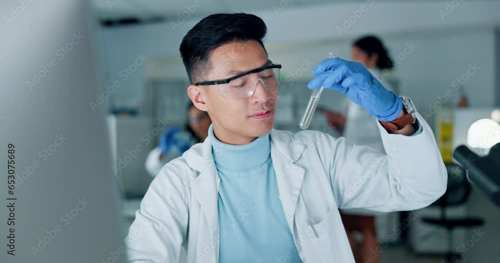 Poster computer, results and scientist with sample in a laboratory for research or working on medical exper