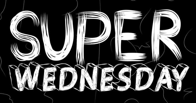Super Wednesday word animation of old chaotic film strip with grunge effect. Busy destroyed TV, video surface, vintage screen white scratches, cuts, dust and smudges.