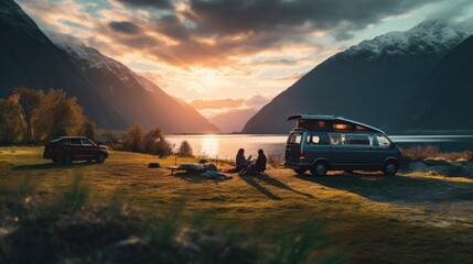 family camping car Go on holiday in a campervan, parked next to the river, with the mountains behind the sunset.