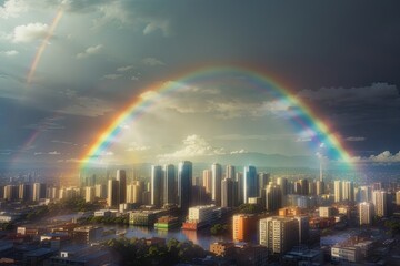 Naklejka premium Rainbow over the city, Bangkok, Thailand. Double exposure.