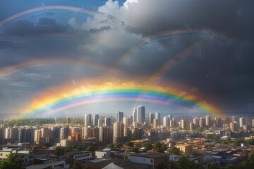Rainbow over the city of Kiev, Ukraine, in the summer.