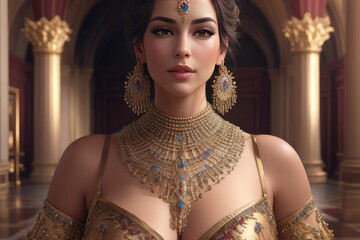 Portrait of a beautiful girl in a golden dress with jewelry.