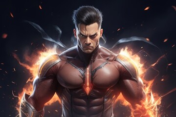 Fototapeta na wymiar Portrait of a powerful muscular superhero over black background with fire flames. 