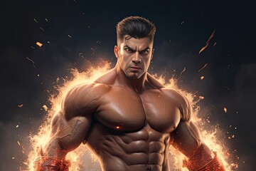 Fototapeta na wymiar Strong muscular man with fire flames on black background. Strength and motivation.