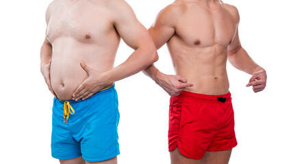 cropped view of men showing belly abs comparison. photo of men with belly abs comparison