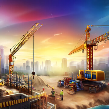 Construction site background with instruments and transportation