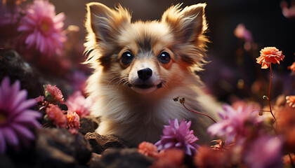 Cute small puppy sitting outdoors, looking at flower generated by AI