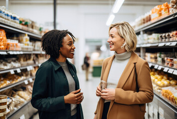 Two women having a conversation in a grocery store - obrazy, fototapety, plakaty